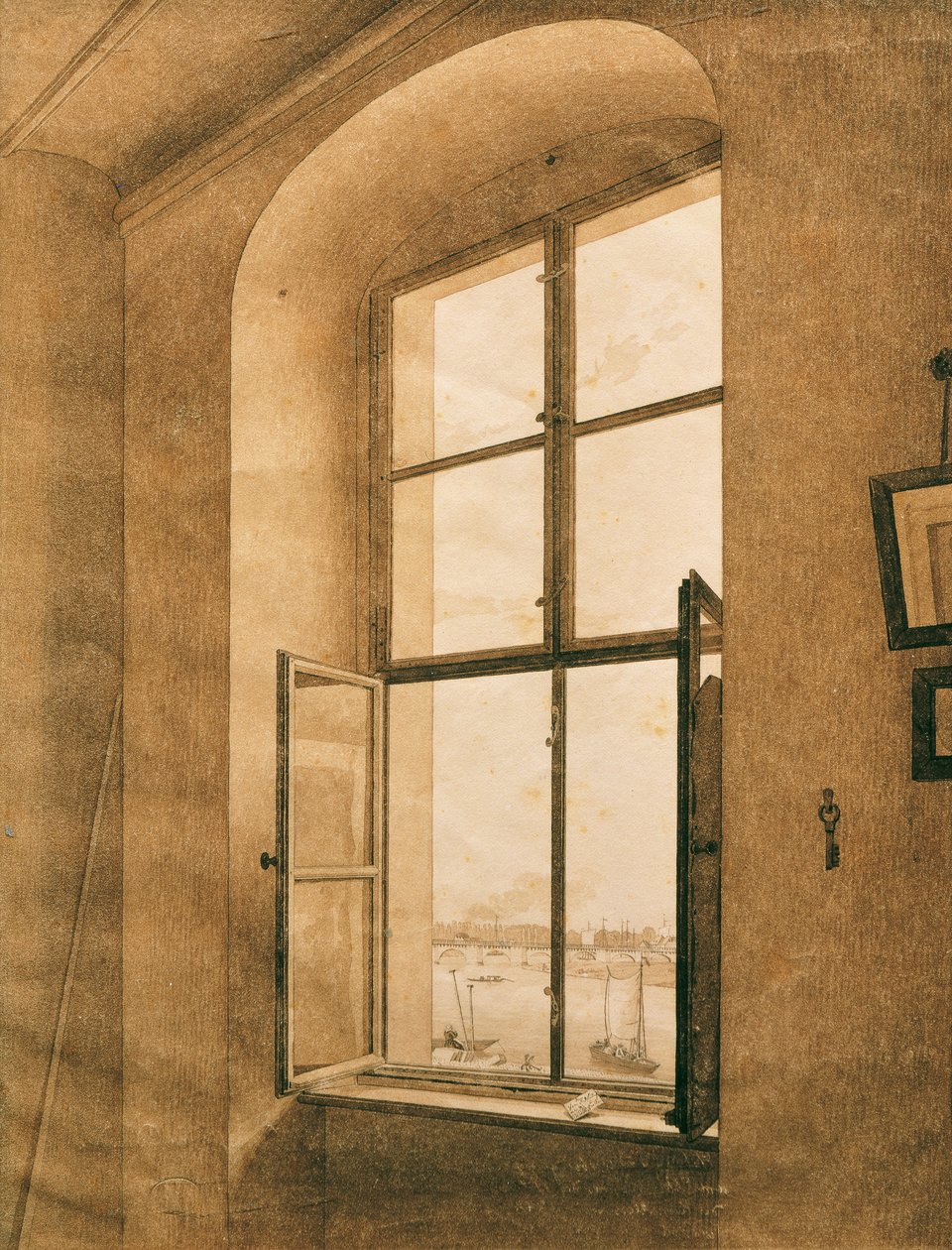 Pohled na Labe z umělcova ateliéru v Drážďanech (levé okno) od Caspar David Friedrich