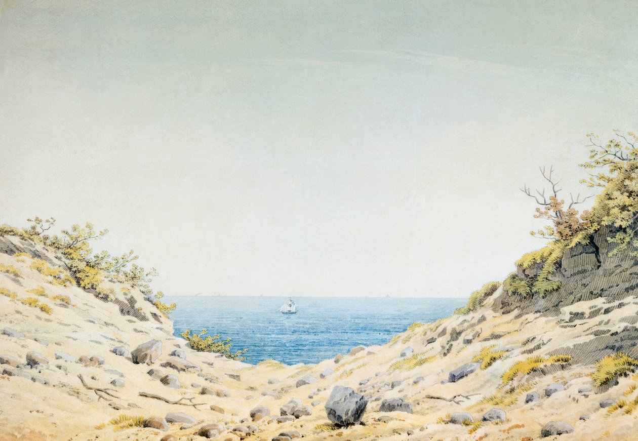 Pohled na moře skrz prohlubeň v břehu od Caspar David Friedrich