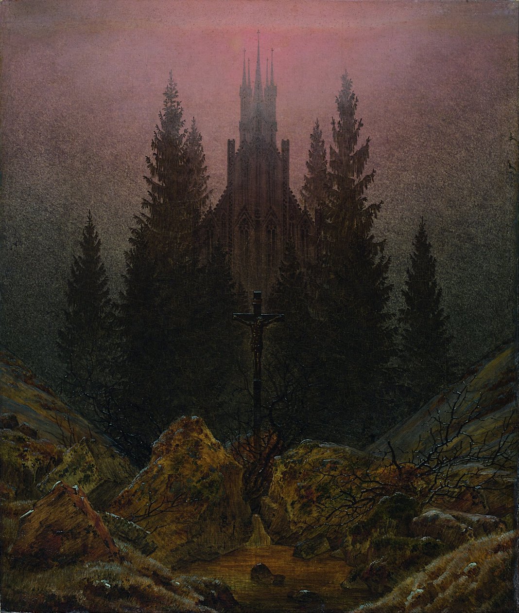 Kříž a katedrála v horách od Caspar David Friedrich