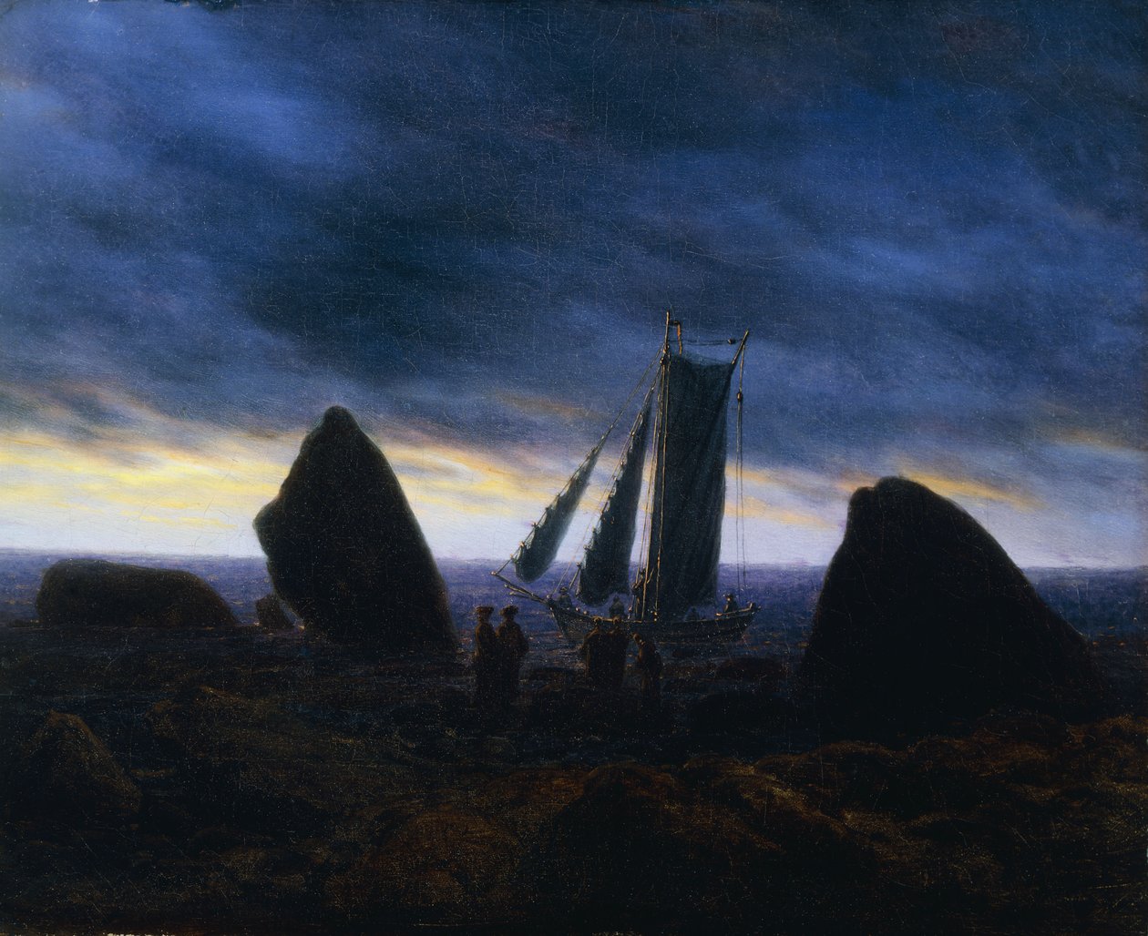 Rybářský člun proplouvající postavy na pláži u Baltského moře; Rybářská loď mezi balvany na pláži Baltského moře, od Caspar David Friedrich