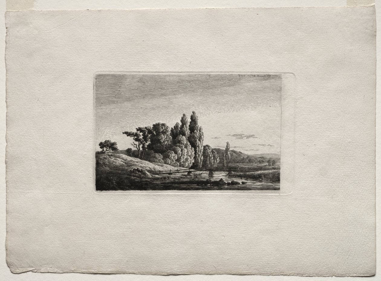 Lávka s křížem před stromy u řeky od Caspar David Friedrich