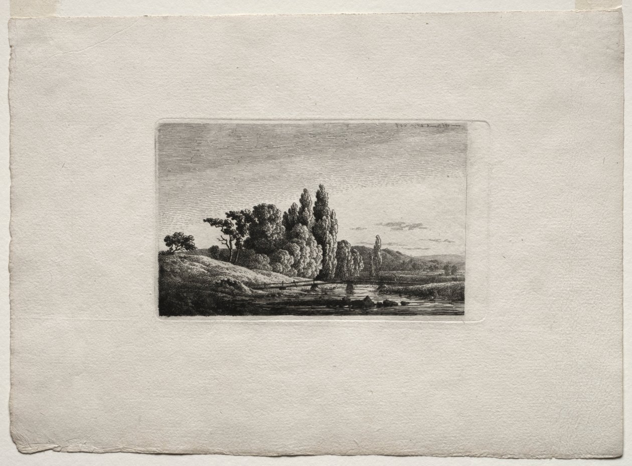 Lávka s křížem před stromy u řeky, kolem roku 1803. od Caspar David Friedrich