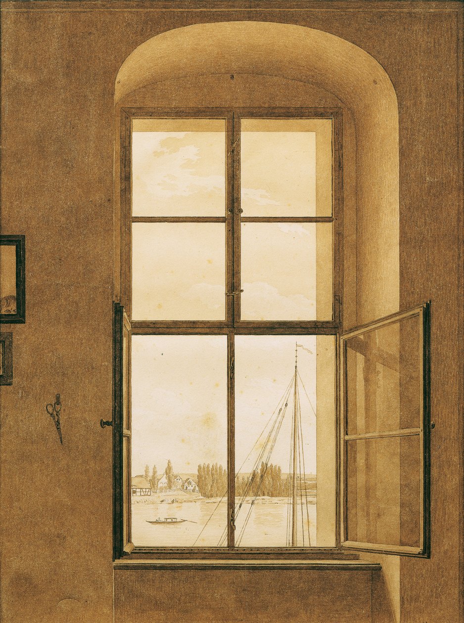 Německy: Blick aus dem Fenster des Künstlers, rechtes Fenster Pohled z okna umělcova ateliéru, pravé okno od Caspar David Friedrich