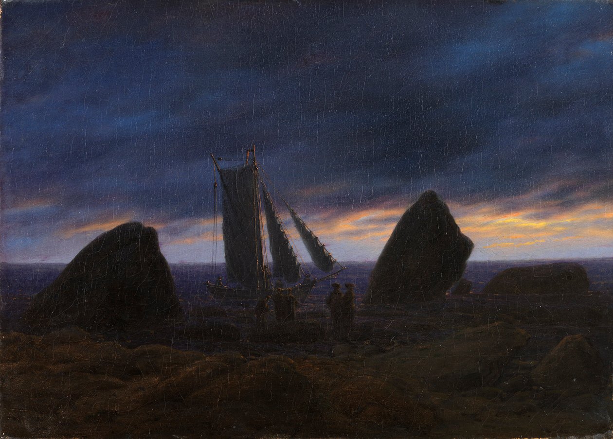 Německy: Fischerboot zwischen Findlingen am Ostseestrand Rybářská loď mezi dvěma skalisky na pláži Baltského moře od Caspar David Friedrich