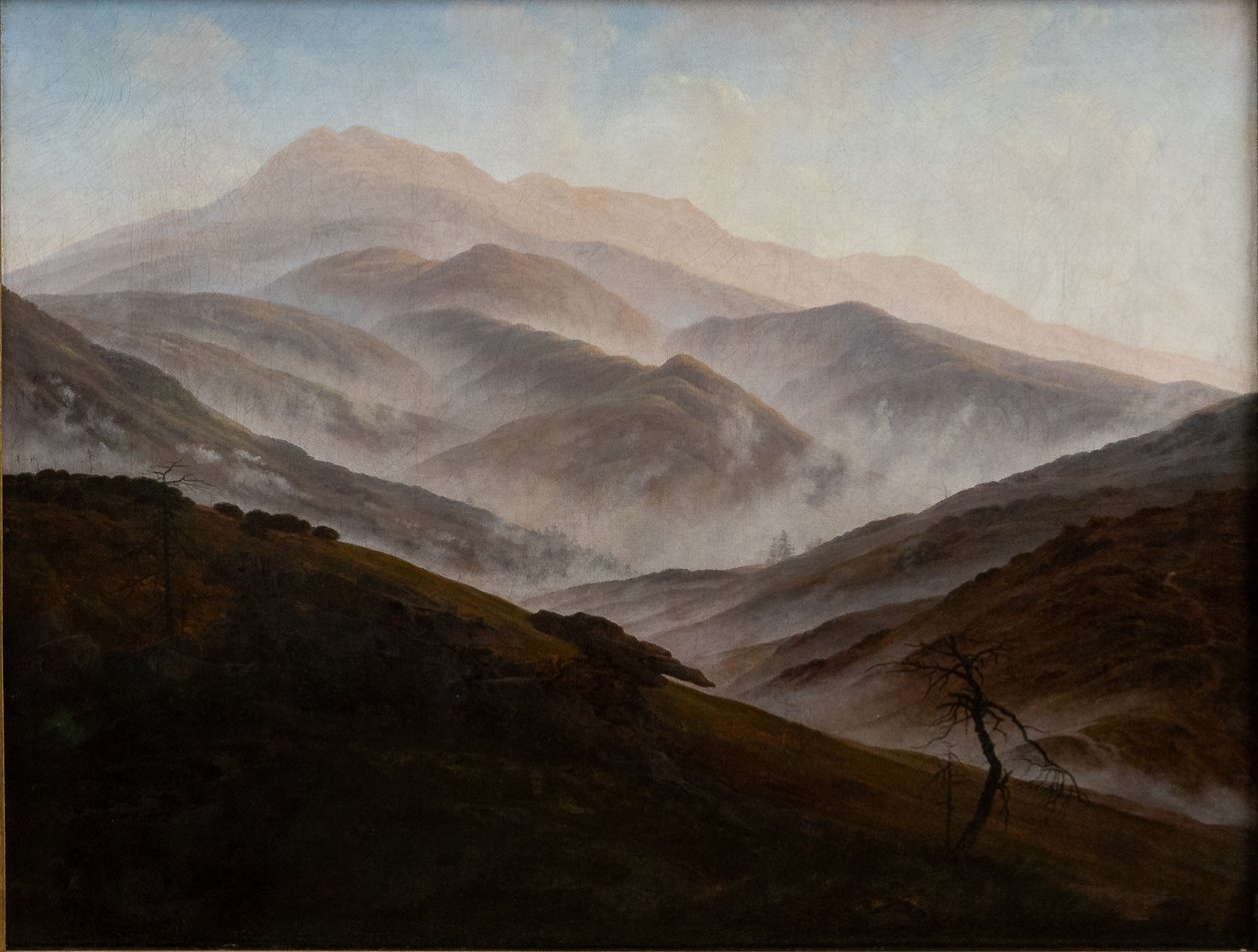 Německy: Riesengebirgslandschaft mit aufsteigendem Nebel Krkonošská krajina se stoupající mlhou od Caspar David Friedrich