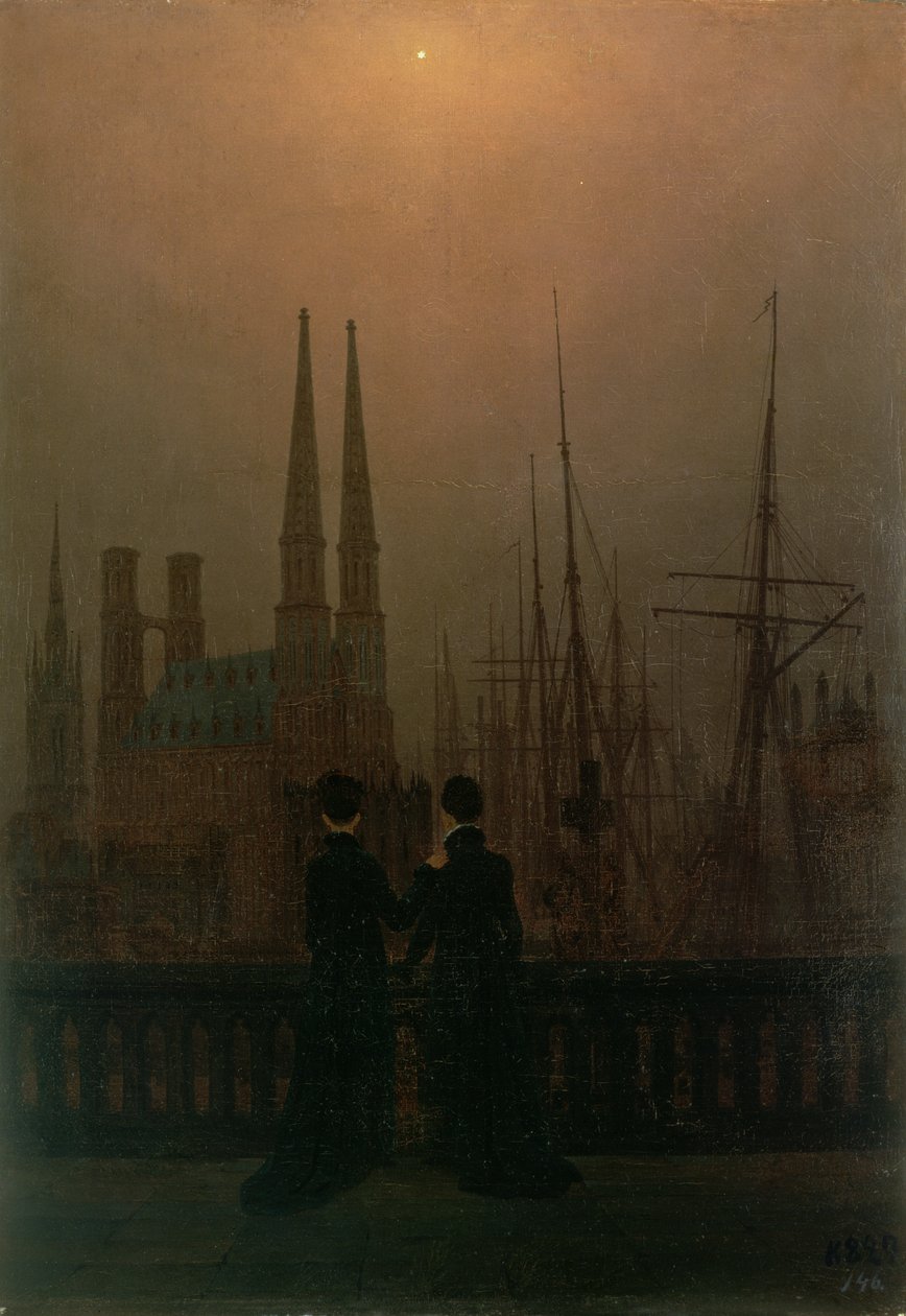 Přístav v noci (sestry), kolem 1818-20 od Caspar David Friedrich