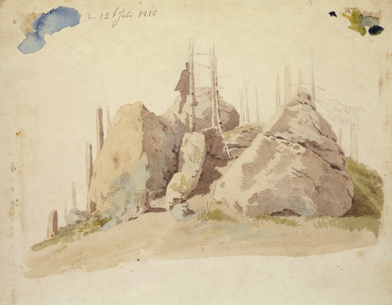 Rock and Tree: nedokončená studie, 12. července 1810 (wc a tužka na papíře) od Caspar David Friedrich