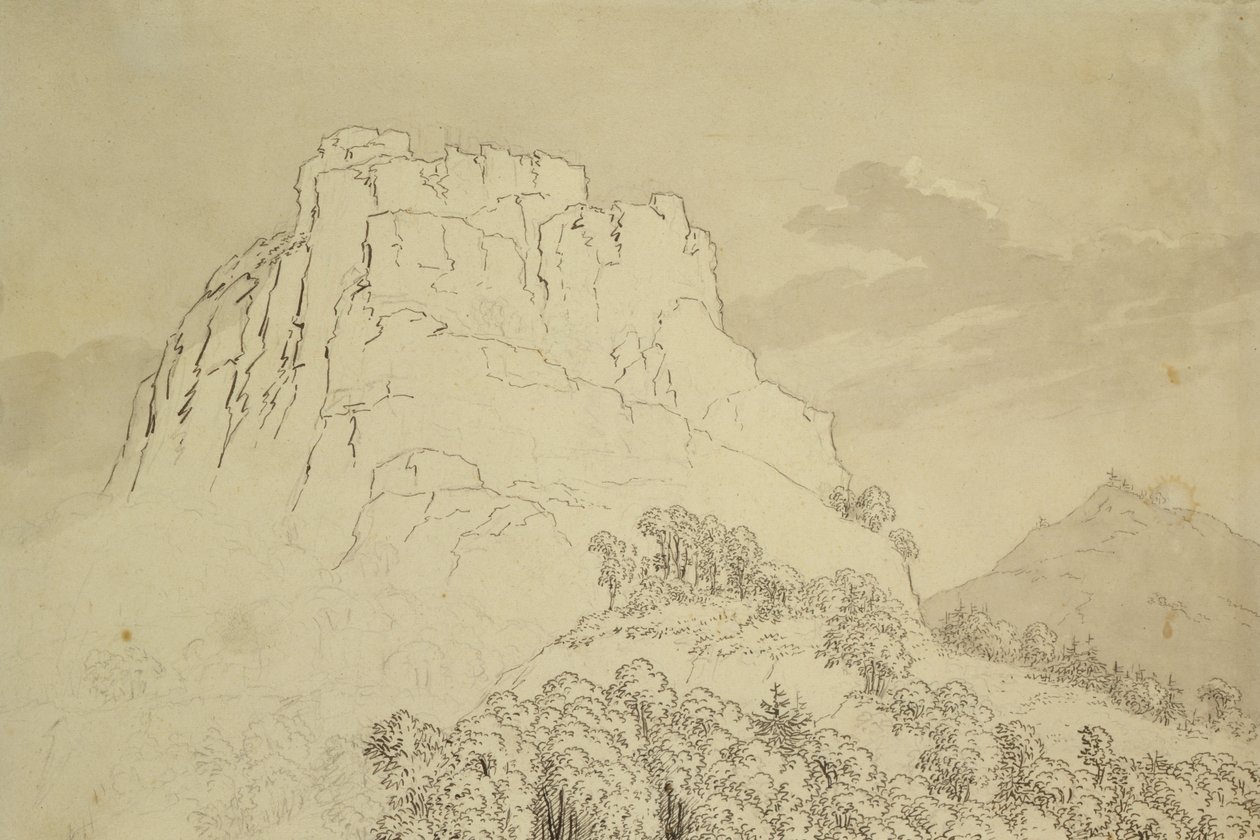 Rocky Hilltop se zalesněným kopcem vpředu (tužka, pero a wc mytí na papíře) od Caspar David Friedrich