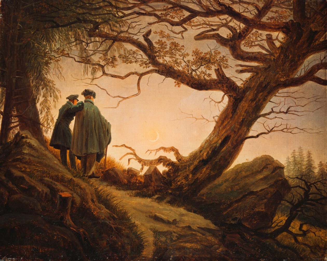 Dva muži v úvahách o Měsíci; Zwei Manner v Betrachtung des Mondes, kolem roku 1830 od Caspar David Friedrich