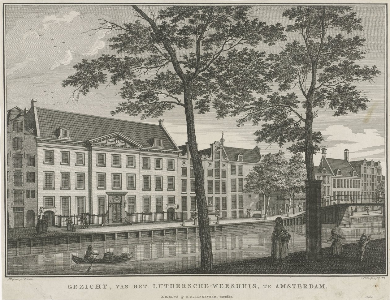 Pohled na luteránský sirotčinec v Amsterdamu Pohled na sirotčinec Luthersche v Amsterdamu (název na objektu) od Caspar Jacobsz. Philips