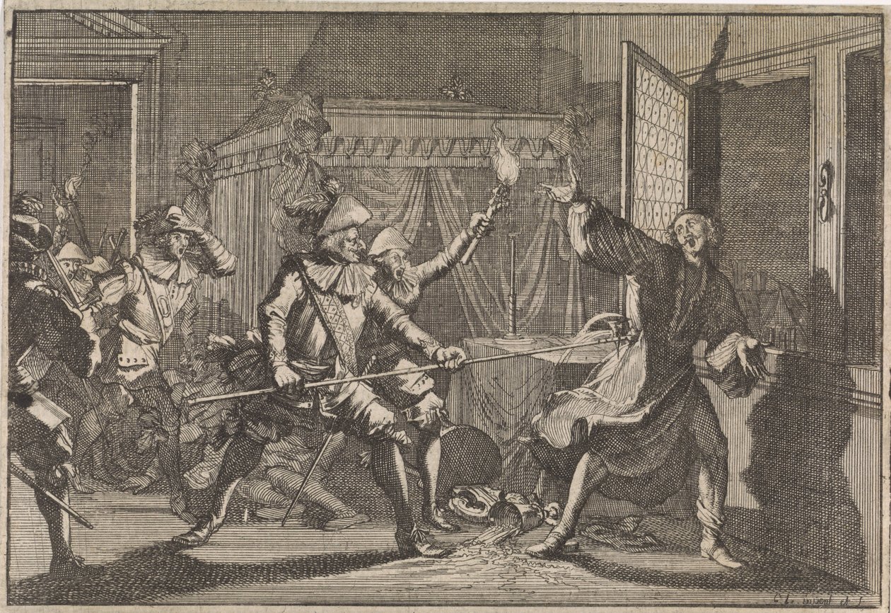 Albrecht von Valdštejn, vévoda z Friedlandu, je zavražděn svými vlastními vojáky, 1634 od Caspar Luyken (attributed to)