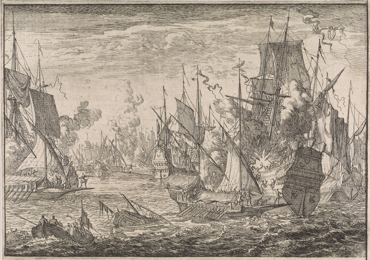 Námořní bitva mezi tureckými válečnými loděmi a galérami maltézských rytířů, 1644 od Caspar Luyken (attributed to)
