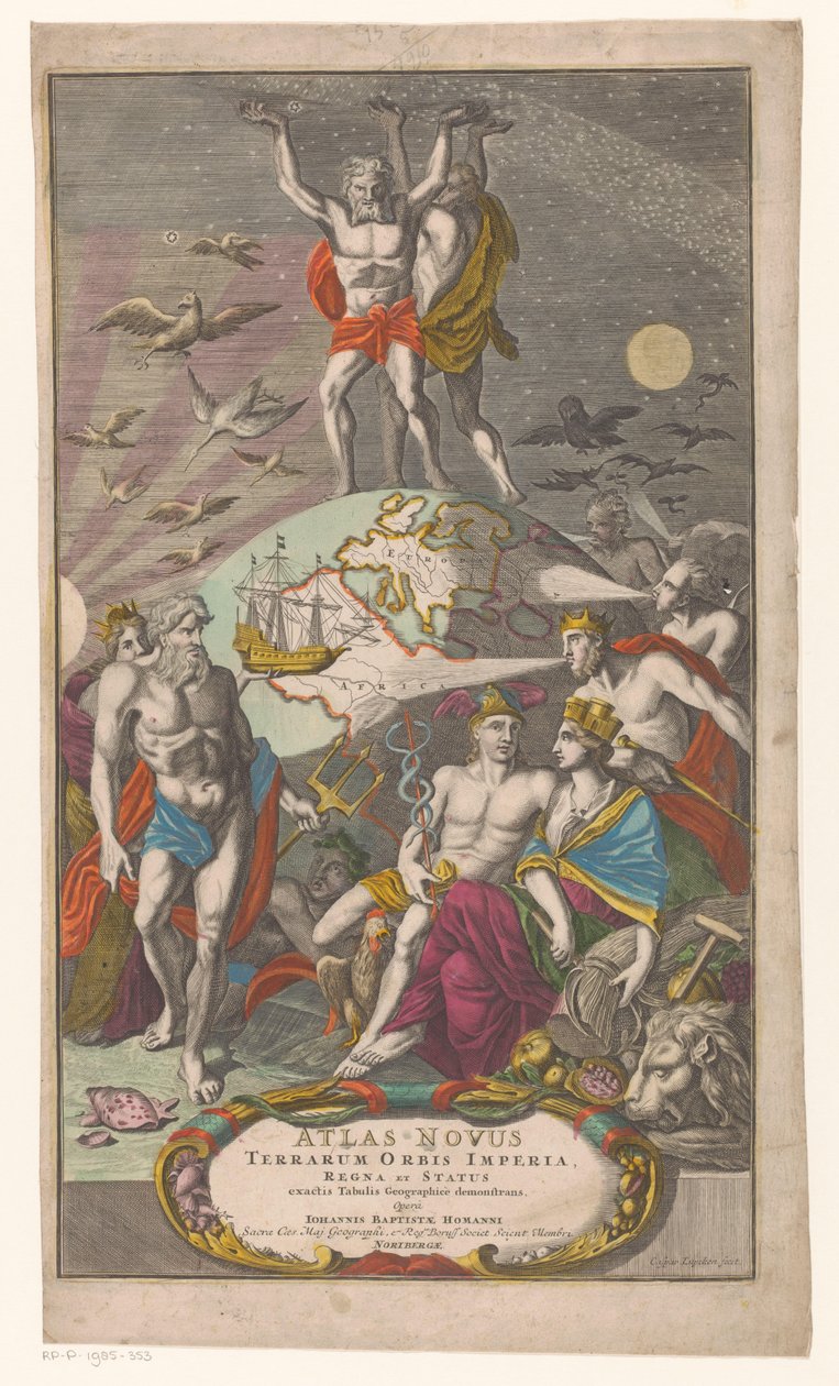 Atlas a Hercules dragen sternerhemel Název: Johann Baptista Homan, Nový atlas světových říší, království a států s přesnými zeměpisnými tabulkami, 1710 od Caspar Luyken