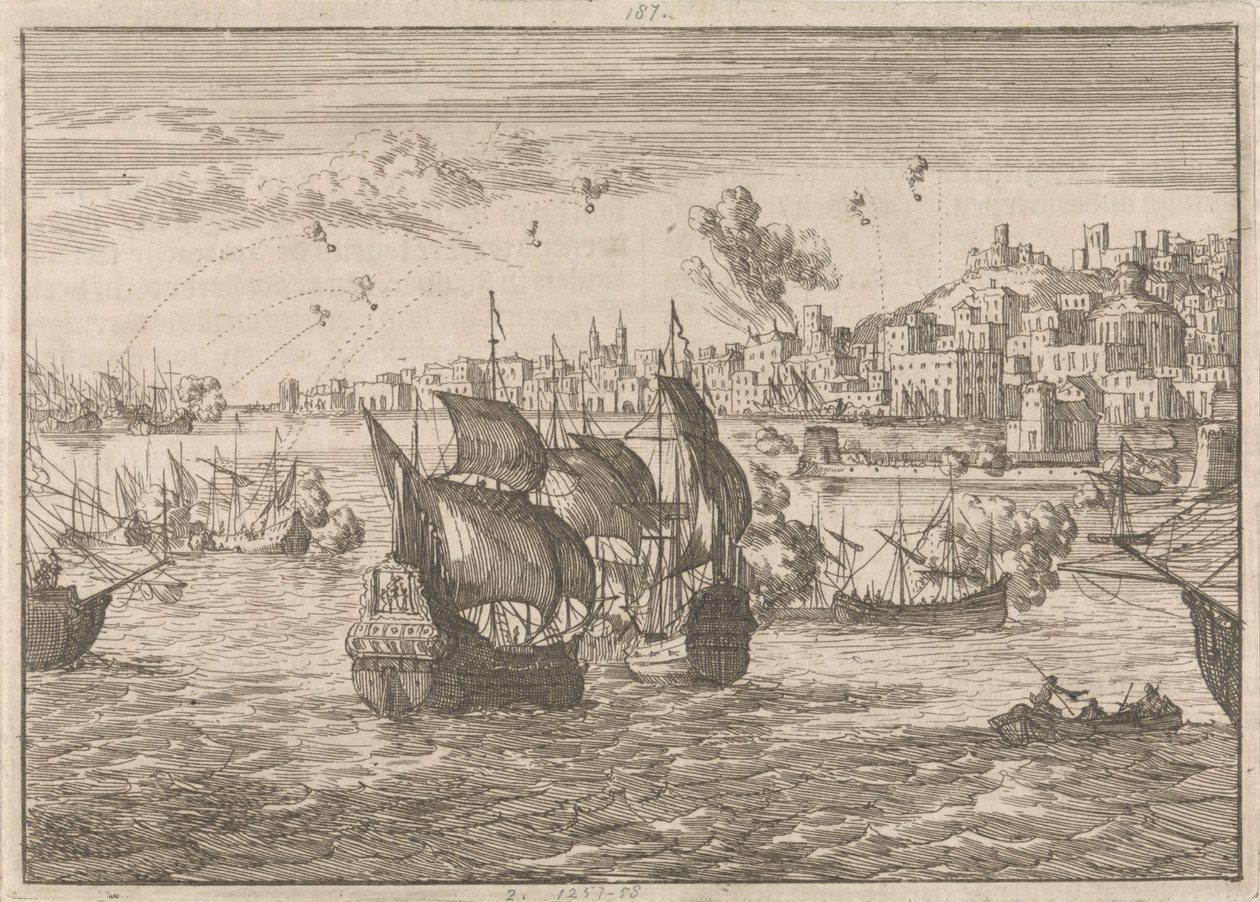 Janov bombardován francouzskou flotilou, 1684 od Caspar Luyken