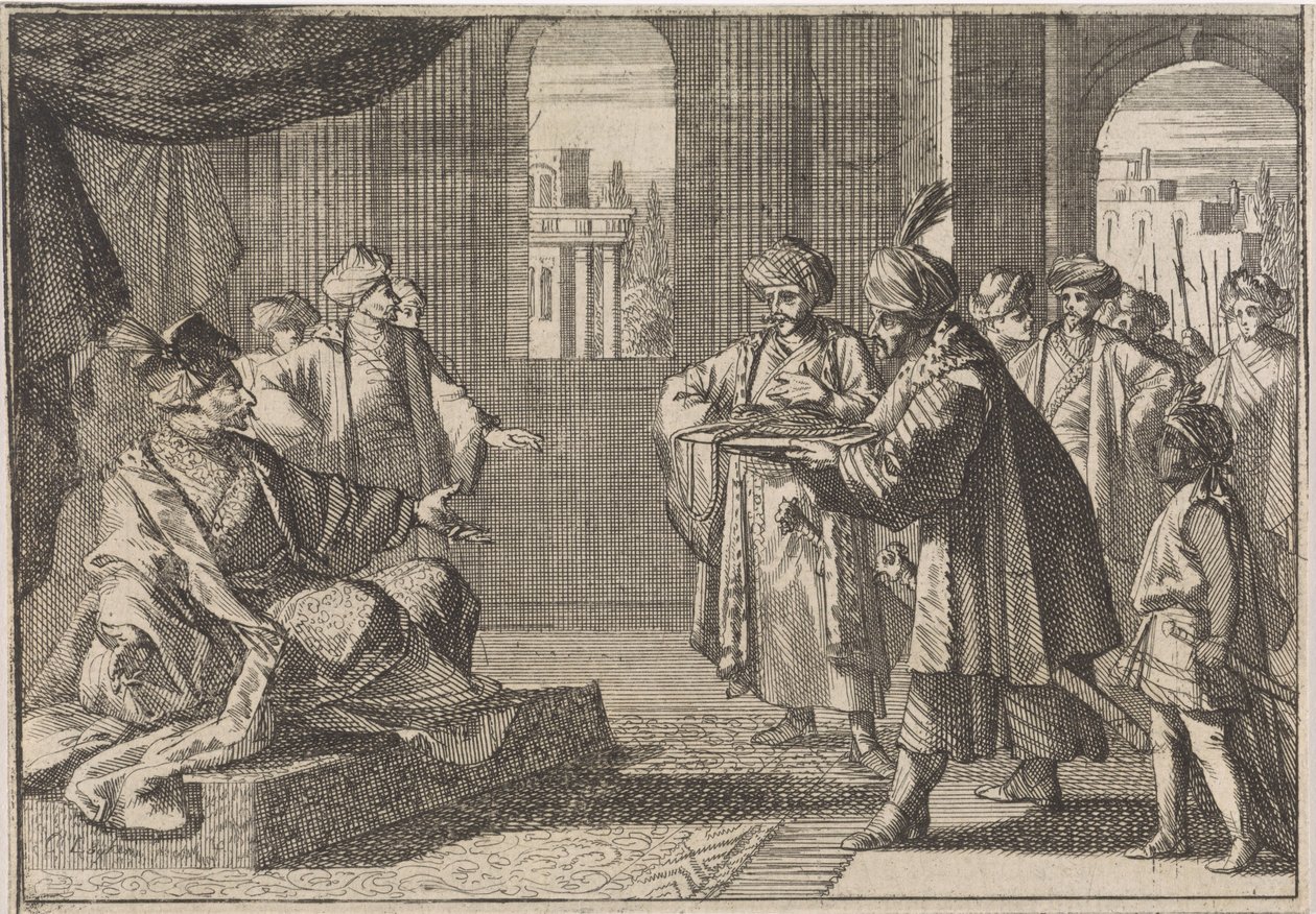 Guej-cchunovi, předsedovi vlády za císaře Chongzhena, přinesli hedvábný provaz, aby se oběsil, 1643 od Caspar Luyken