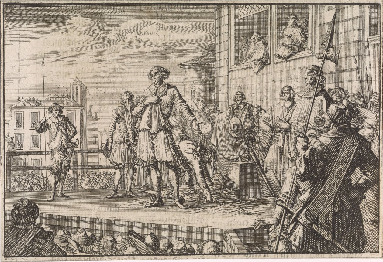 Thomas Wentworth, hrabě ze Straffordu promlouvá k lidem z lešení, 1641 od Caspar Luyken