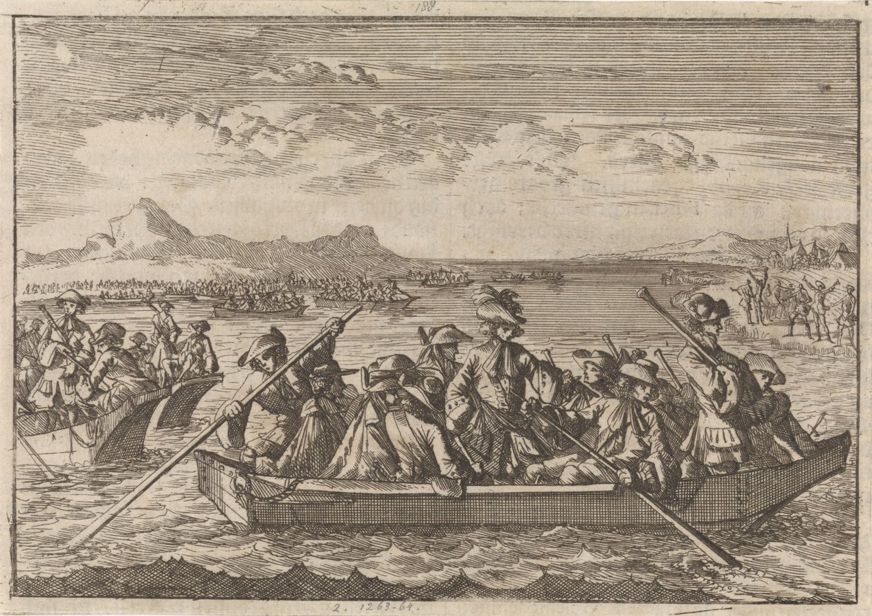 Valdenští pronásledovaní ze Savojska se v roce 1689 vracejí do své země na člunech přes Ženevské jezero od Caspar Luyken