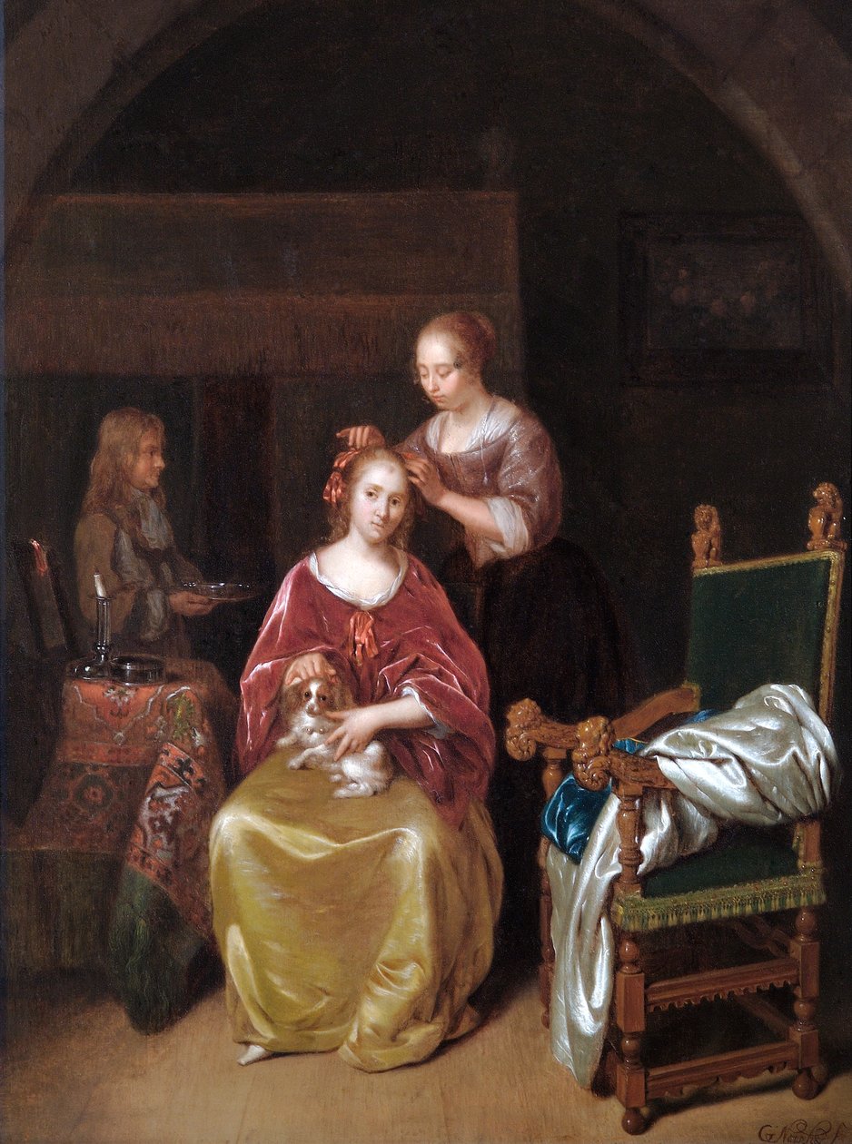 A Lady At Her Toilet, c.1665 (olej na dubovém panelu) od Caspar Netscher