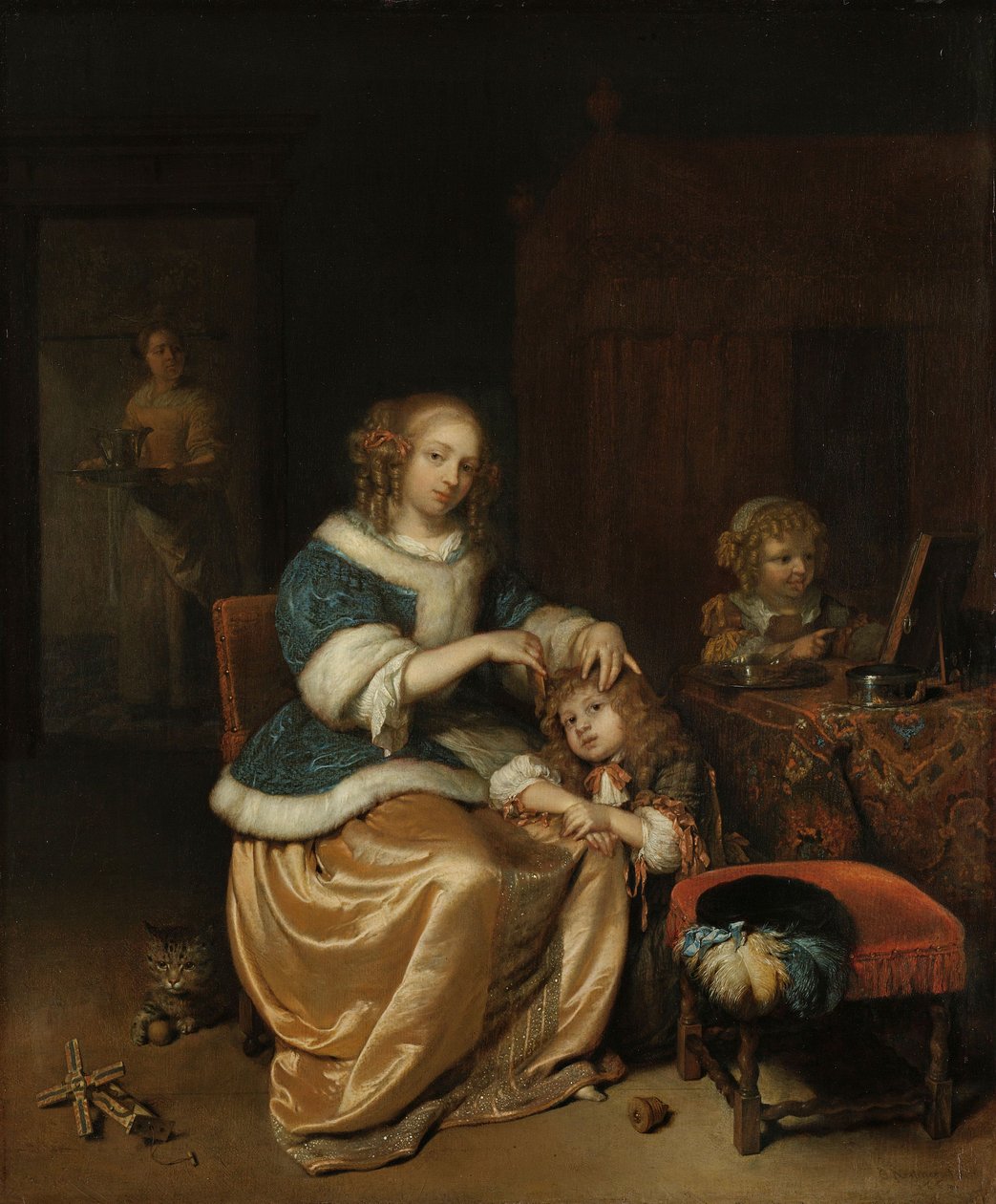 Interiér s matkou česající vlasy svého dítěte, známý jako „mateřská péče“, 1669 od Caspar Netscher