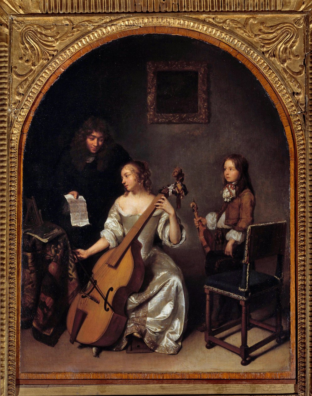 Lekce basové violy Malba Gasparda Netschera (1639-1684) 17. století Sun. 0,45x0,35m od Caspar Netscher