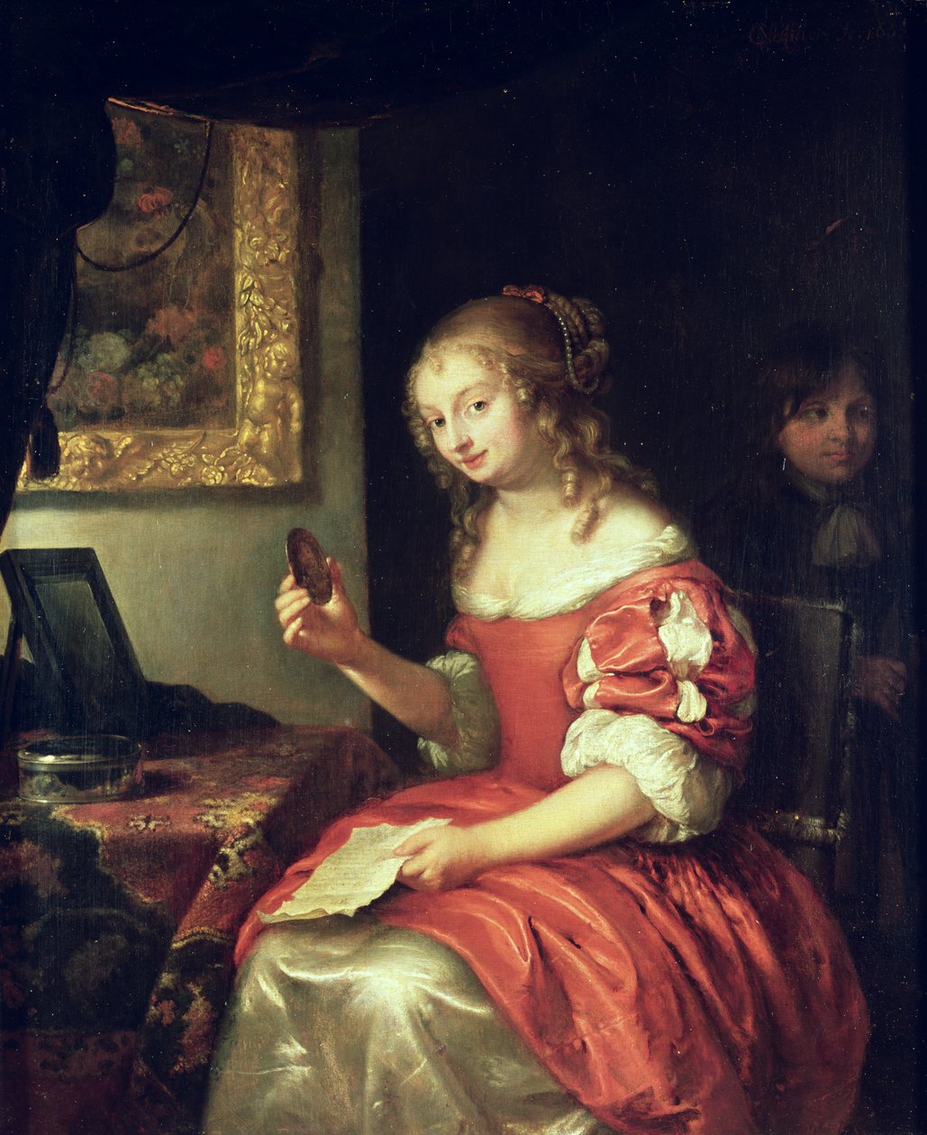 Mladá žena s dopisem a medailonem, 1667 od Caspar Netscher