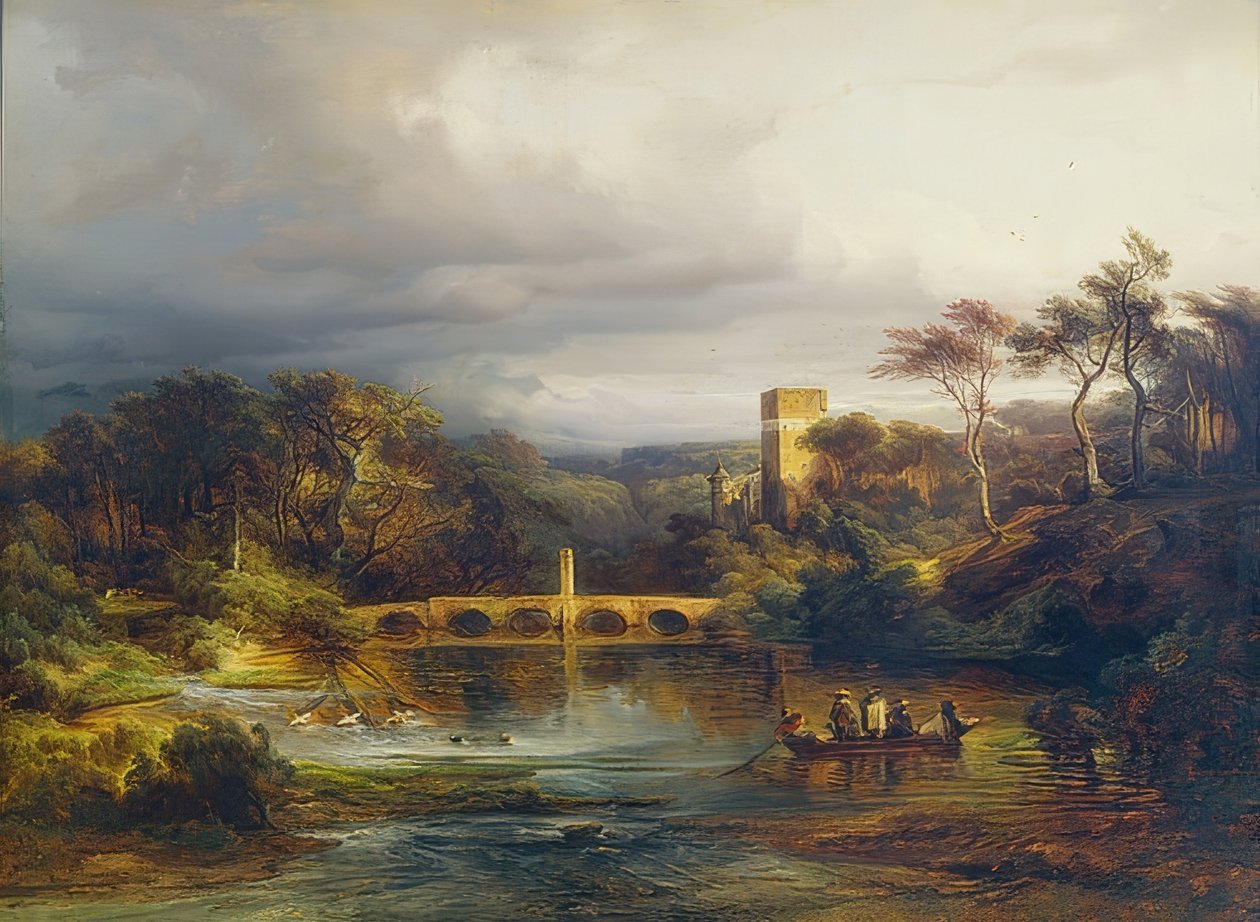 Hrad na lesním jezeře s vodáky a klenutým mostem. 1846 od Caspar Scheuren