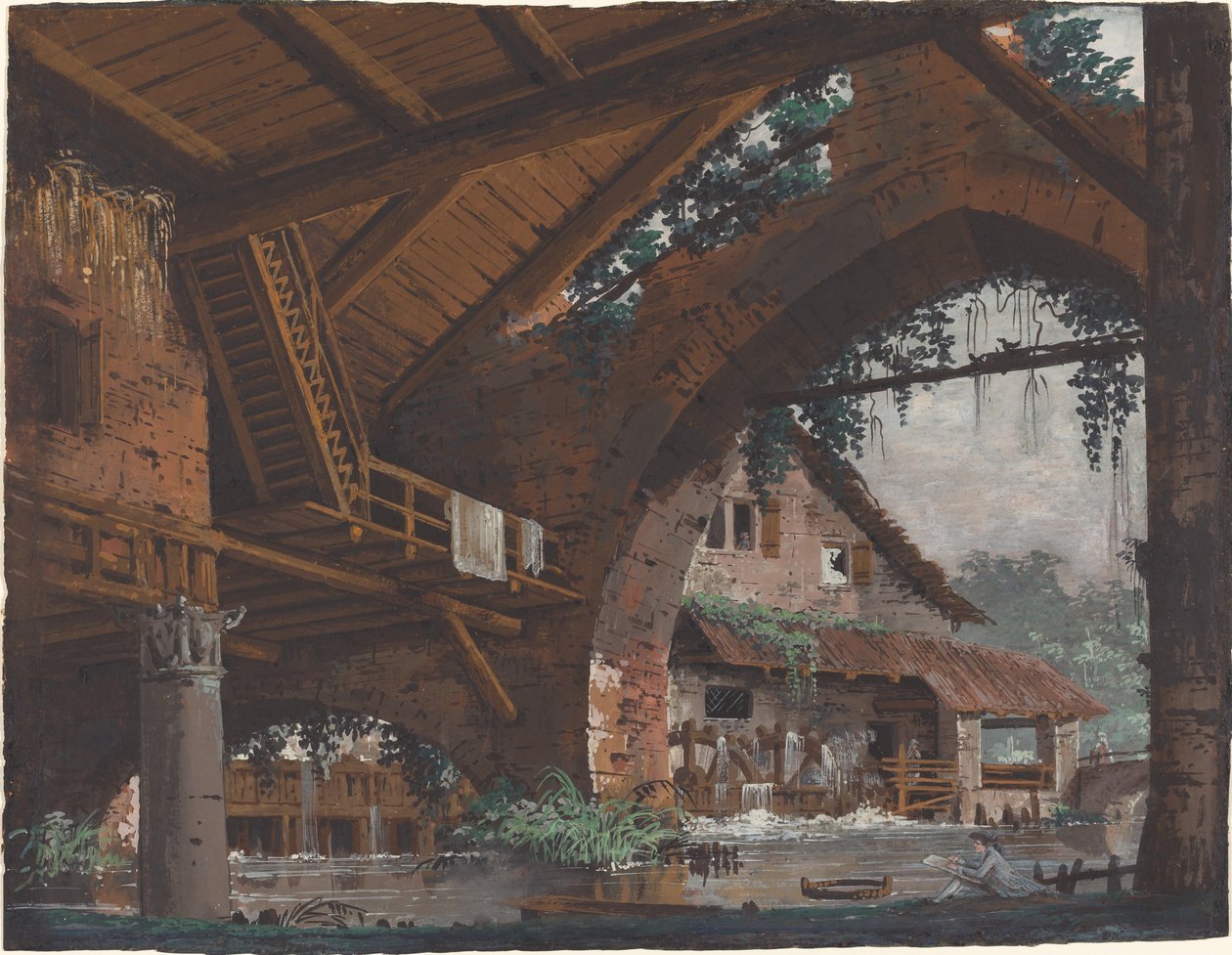 Architektonická fantazie antických ruin s vodním mlýnem od Caspar Wolf