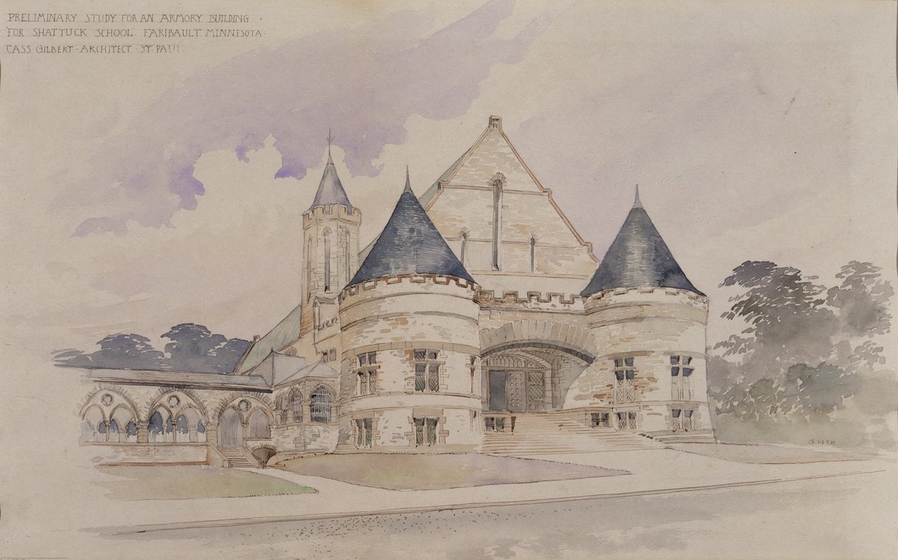 Předběžná studie budovy zbrojnice pro školu Shattuck, Faribault, Minnesota od Cass Gilbert