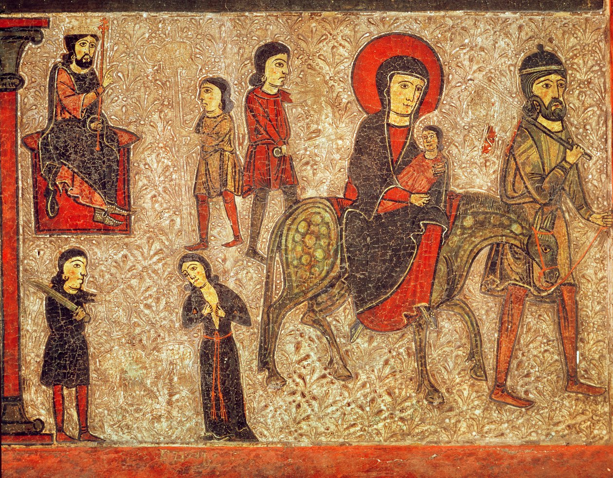 Útěk do Egypta, detail z oltářního obrazu věnovaného Panně Marii (tempera na panelu) od Catalan School