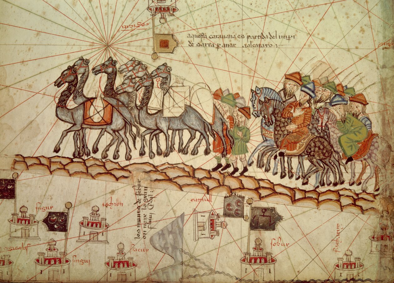Detail katalánské námořní mapy (portulan) představující Asii 13. století, na níž je vidět karavan kráčející směrem ke Cathay (jméno, které dal Marco Polo, aby navrhl region severní Číny): Hedvábná stezka, kterou podnikl Marco Polo. Katalánský atlas od Abra od Catalan School