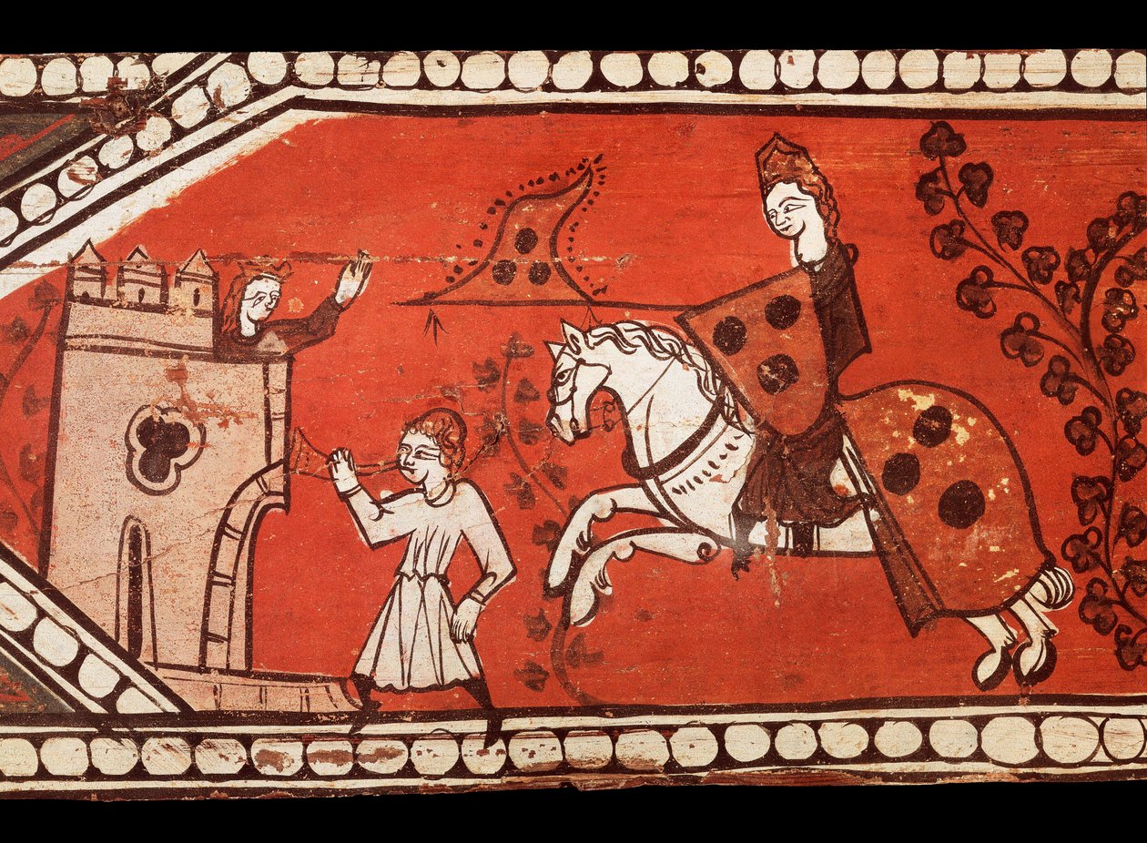 Rytíři nesou vlajky: rytíř, princezna a heraut. Tempera na dřevě z dekorace střechy. 13. století. od Catalan School