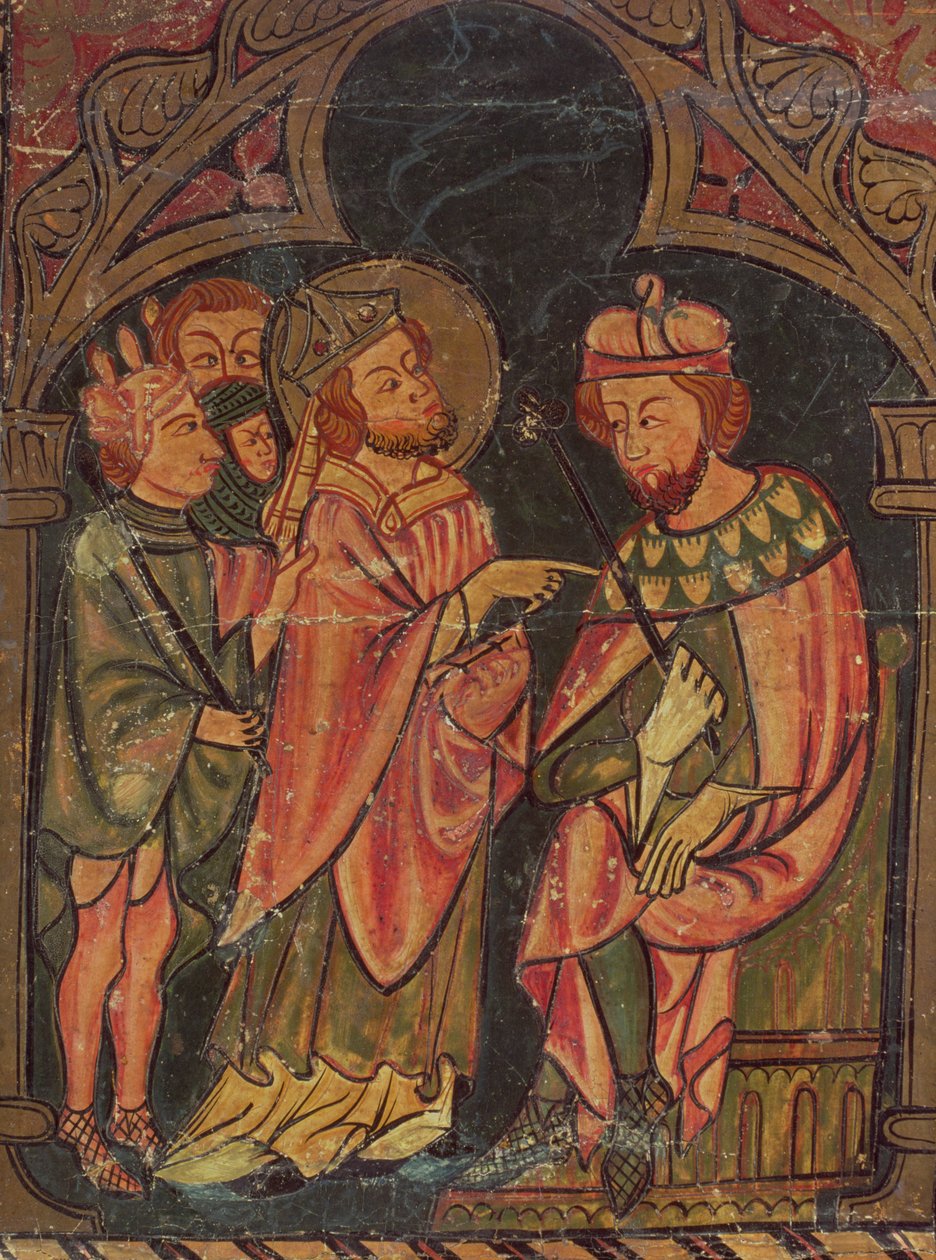 Svatý Cyprián (asi 200-258) biskup z Kartága postavený před císaře Valeriana (r.253-60) 1300-25 od Catalan School