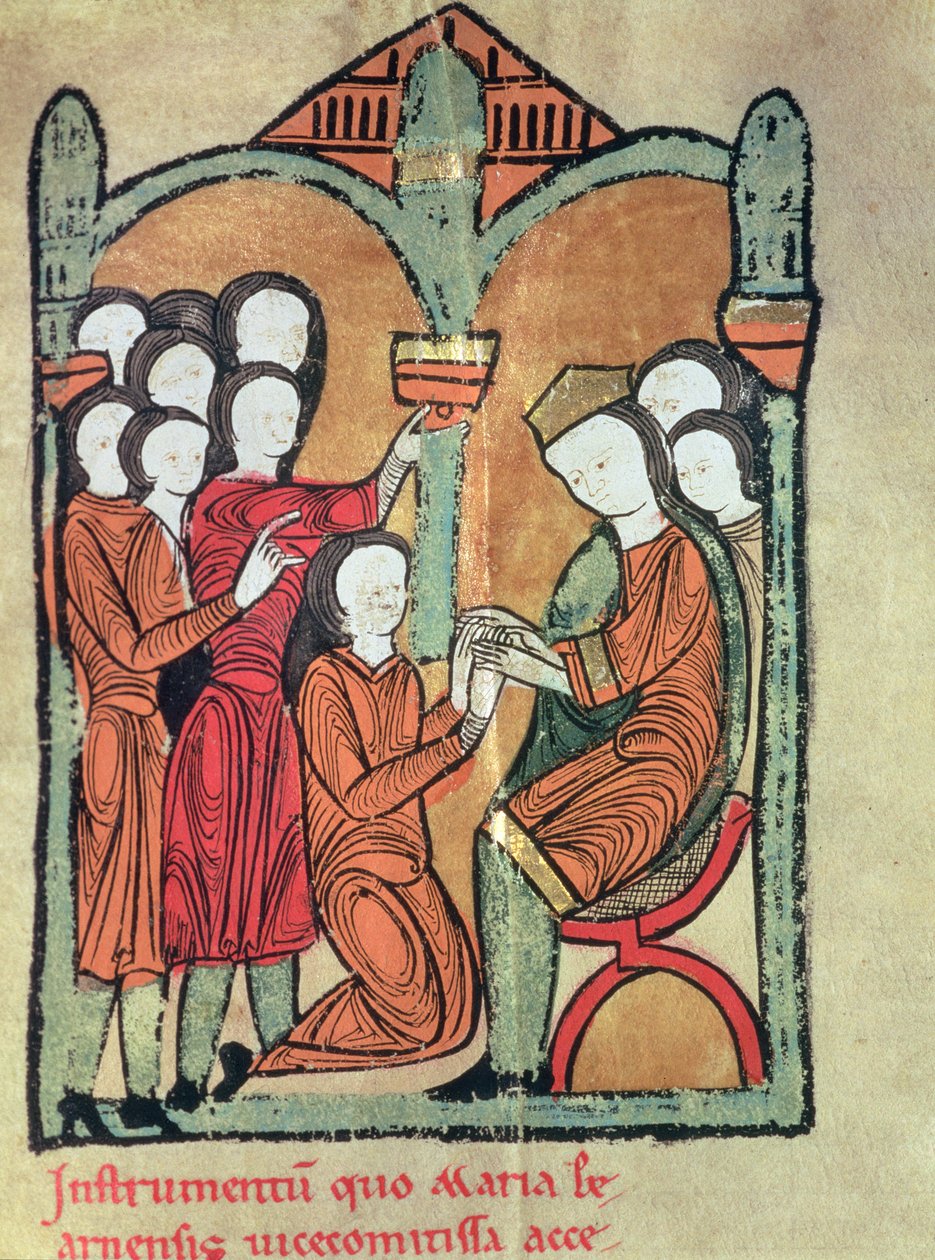 Hraběnka z Bearnu přísahá hold Alfonsovi II. Aragonskému a slibuje, že se nevdá bez jeho souhlasu, z rukopisu známého jako „Liber Feudorum Maior“ (vellum) od Catalan School