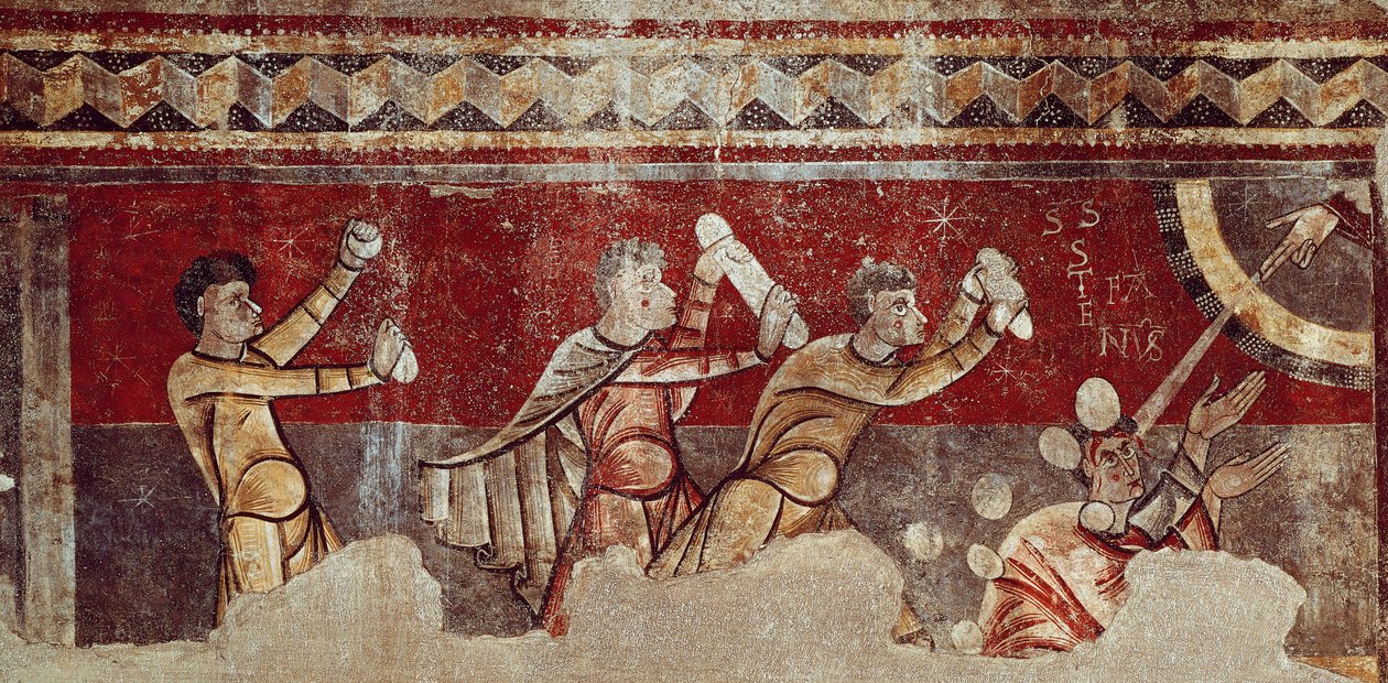 Kamenování svatého Štěpána, cca 1100 (freska přenesená na plátno) od Catalan School