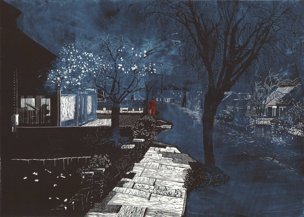 Zvuk hudby na předměstí, 2012 (linoryt a lept) od Catherine Sutcliffe Fuller