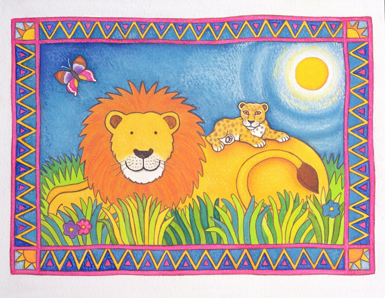 Lev na slunci, 1997 (wc a pastel na papíře) od Cathy Baxter