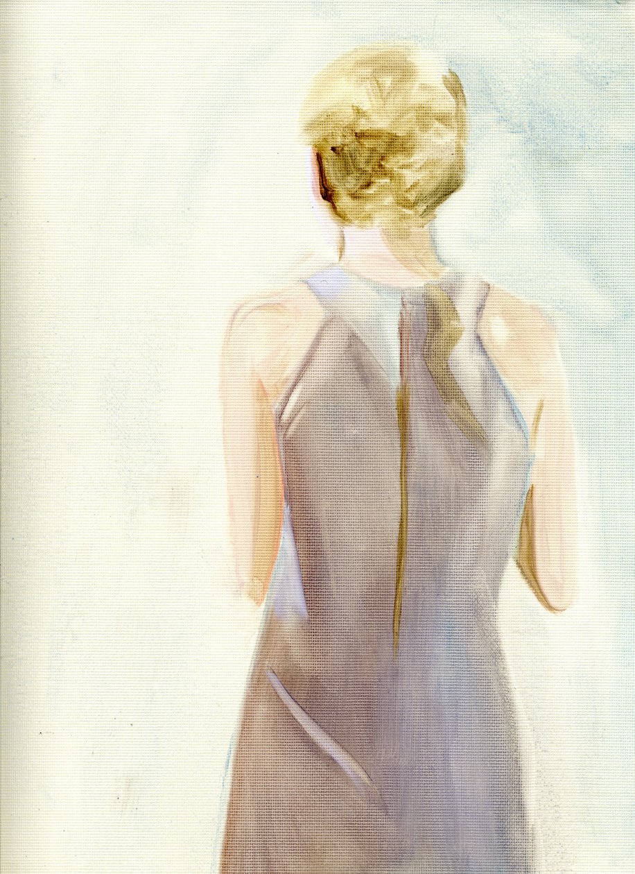 Šatník Rosemary Woodhouseové, Outfit 38: Tmavě hnědé, lněné šaty bez rukávů s racer back a zipem na zádech (novoroční večírek Castevetových), 2009 (olej na papíře) od Cathy Lomax