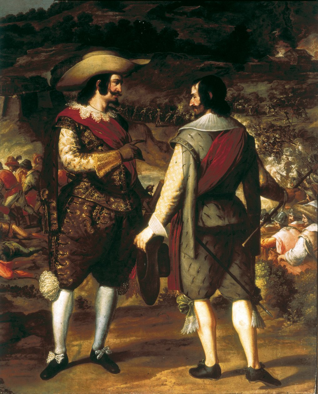 Zajetí San Juan v Portoriku (Portoriko) (1625). Detail. V popředí mluví Don Juan de Haro se svým asistentem. Za ním pevnost hlídaná Španěly, kteří donutí Holanďany odejít. Obraz Eugenio Caxes nebo Cajes (1577-1634) od Caxesi or Caxete Eugenio Caxes