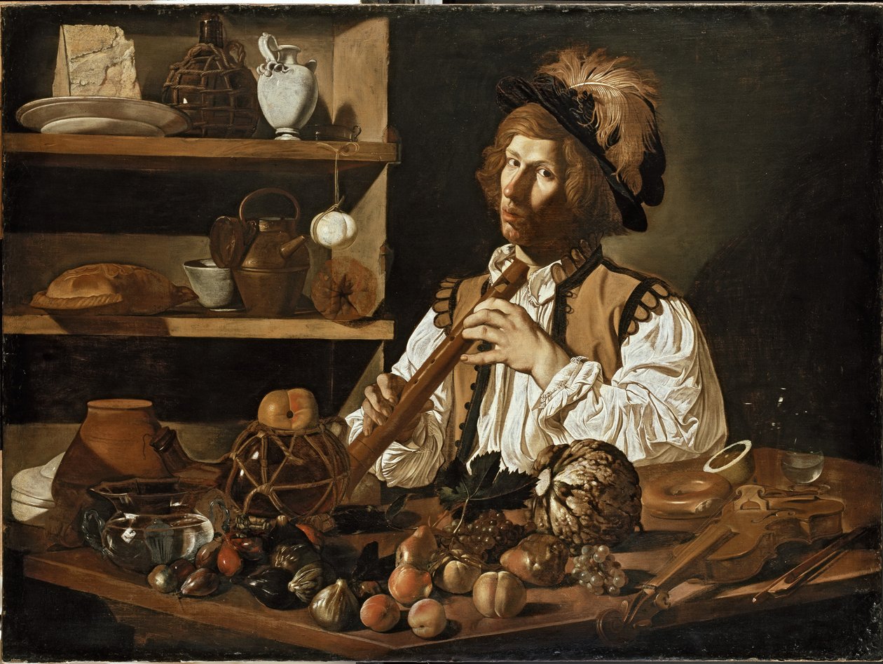 Interiér se zátiším a mladý muž držící zobcovou flétnu, 17. století od Cecco de Caravaggio