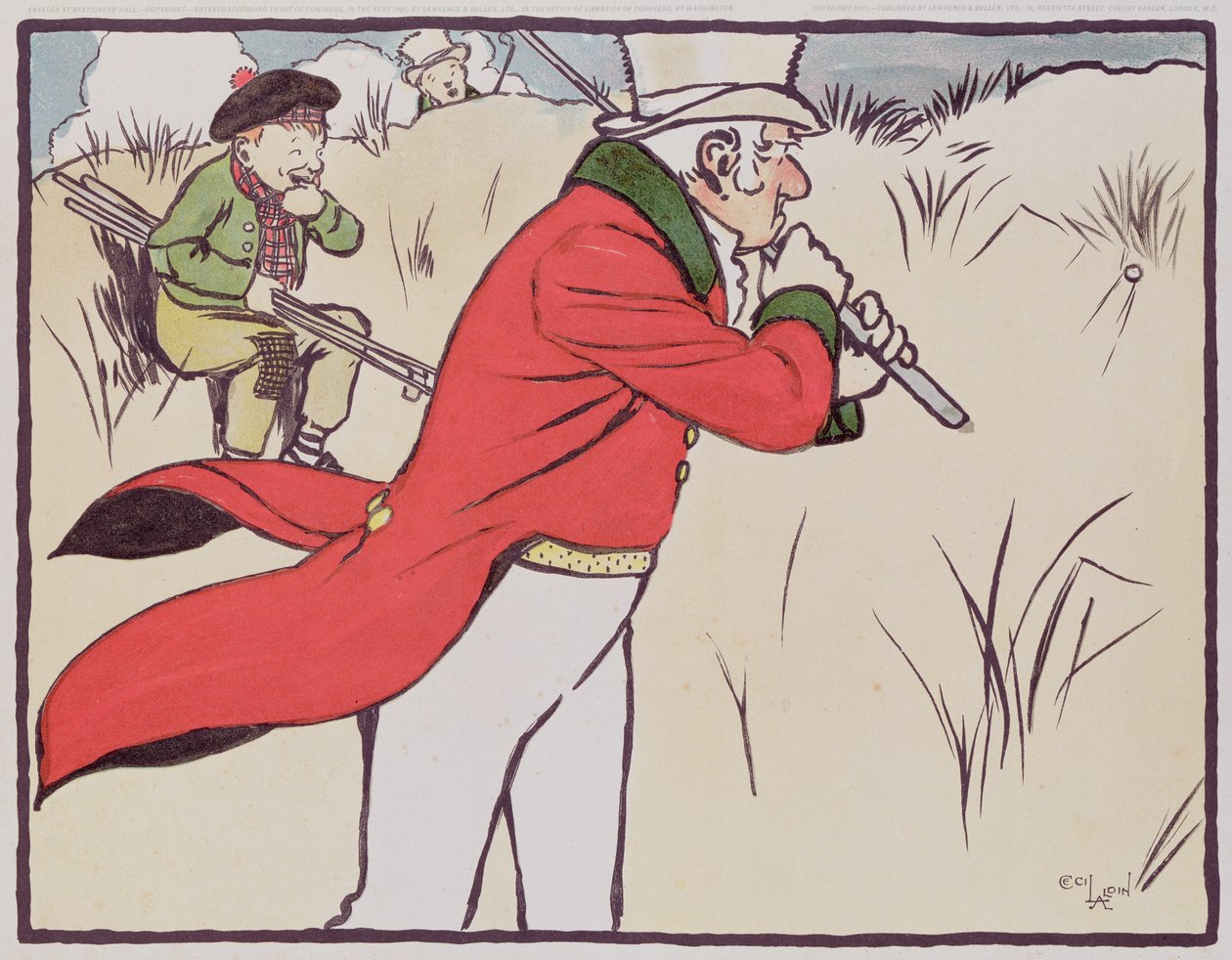 Rozzlobený golfista vrážející svůj míček do křoviny, zatímco jeho nosič se snaží zastavit smích, 1901 od Cecil Charles Windsor Aldin