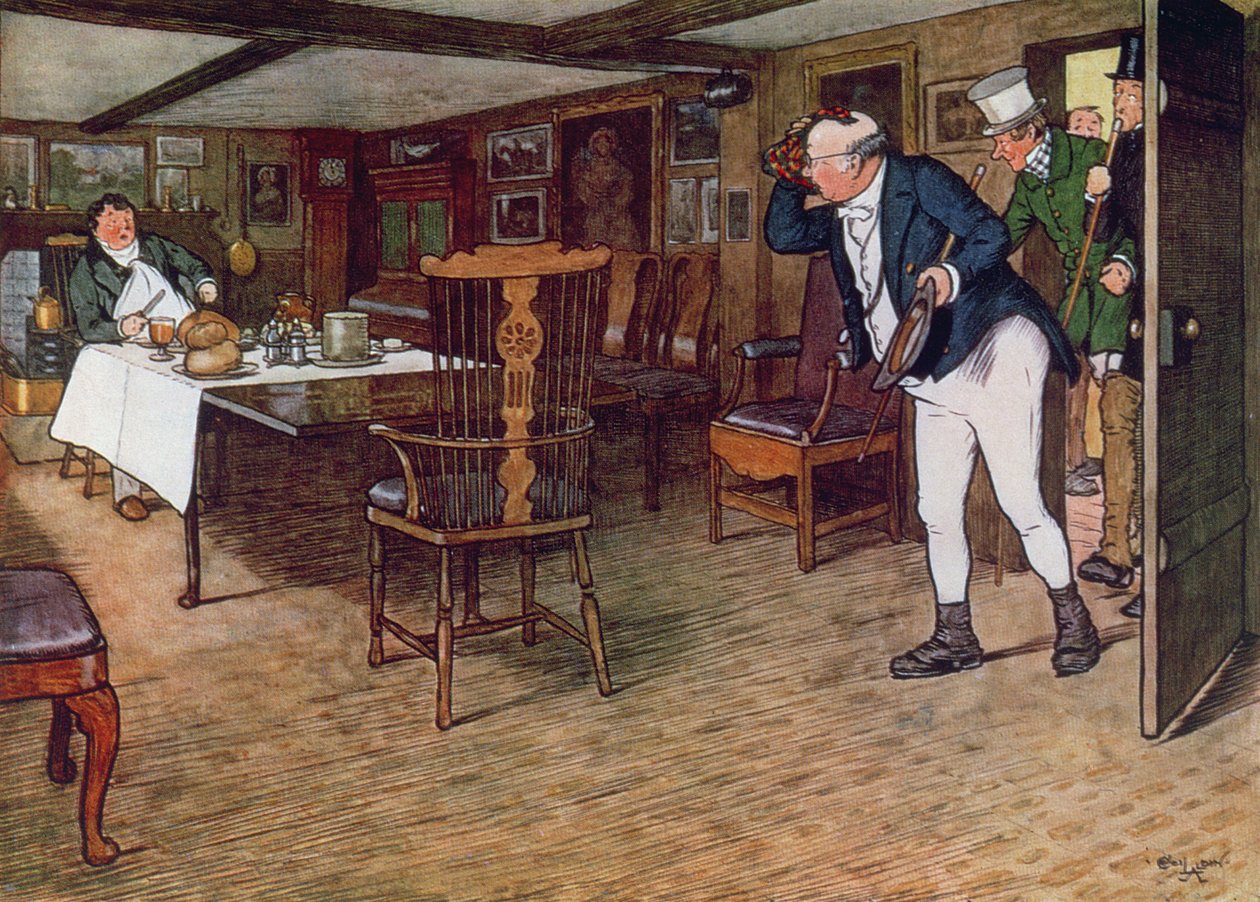 Pan Pickwick nachází pana Tupmana na obědě v Leather Bottle, Cobham, 1910 (barevná rytina) od Cecil Charles Windsor Aldin
