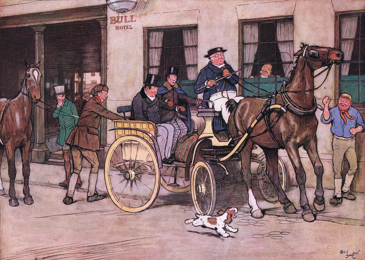 Wo-o! vykřikl pan Pickwick. Wo-o! ozvali se pan Tupman a pan Snodgrass z koše od Cecil Charles Windsor Aldin