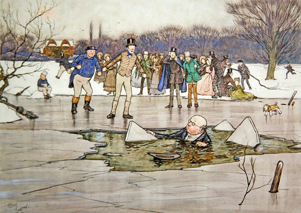 "Tvář, hlava, ramena se vynořily z vody a odhalily rysy a brýle pana Pickwicka." od Cecil Charles Windsor Aldin