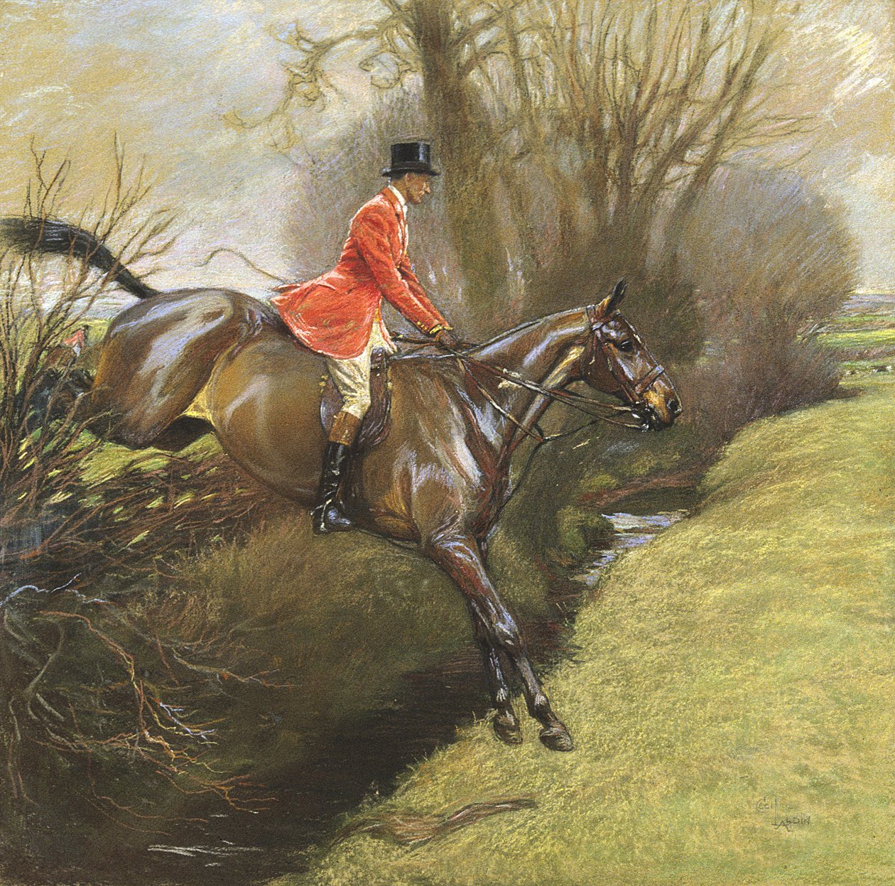 Podplukovník Ted Lyon Jumping a Hedge (pastel na papíře) od Cecil Charles Windsor Aldin