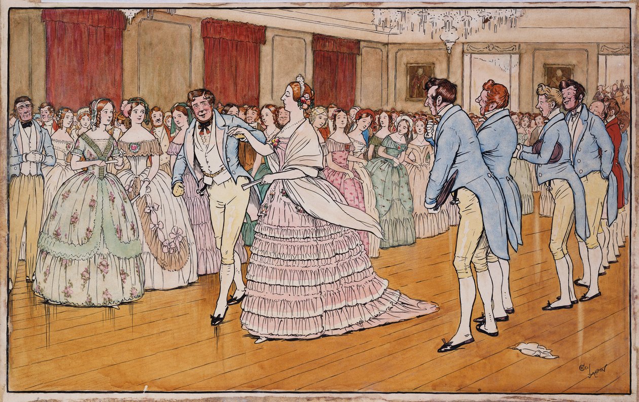 Paní Barringtonová velmi spokojeně vede se Stephenem Dumplingem, ilustrace k „Handley Cross“ od Roberta Smitha Surteese od Cecil Charles Windsor Aldin