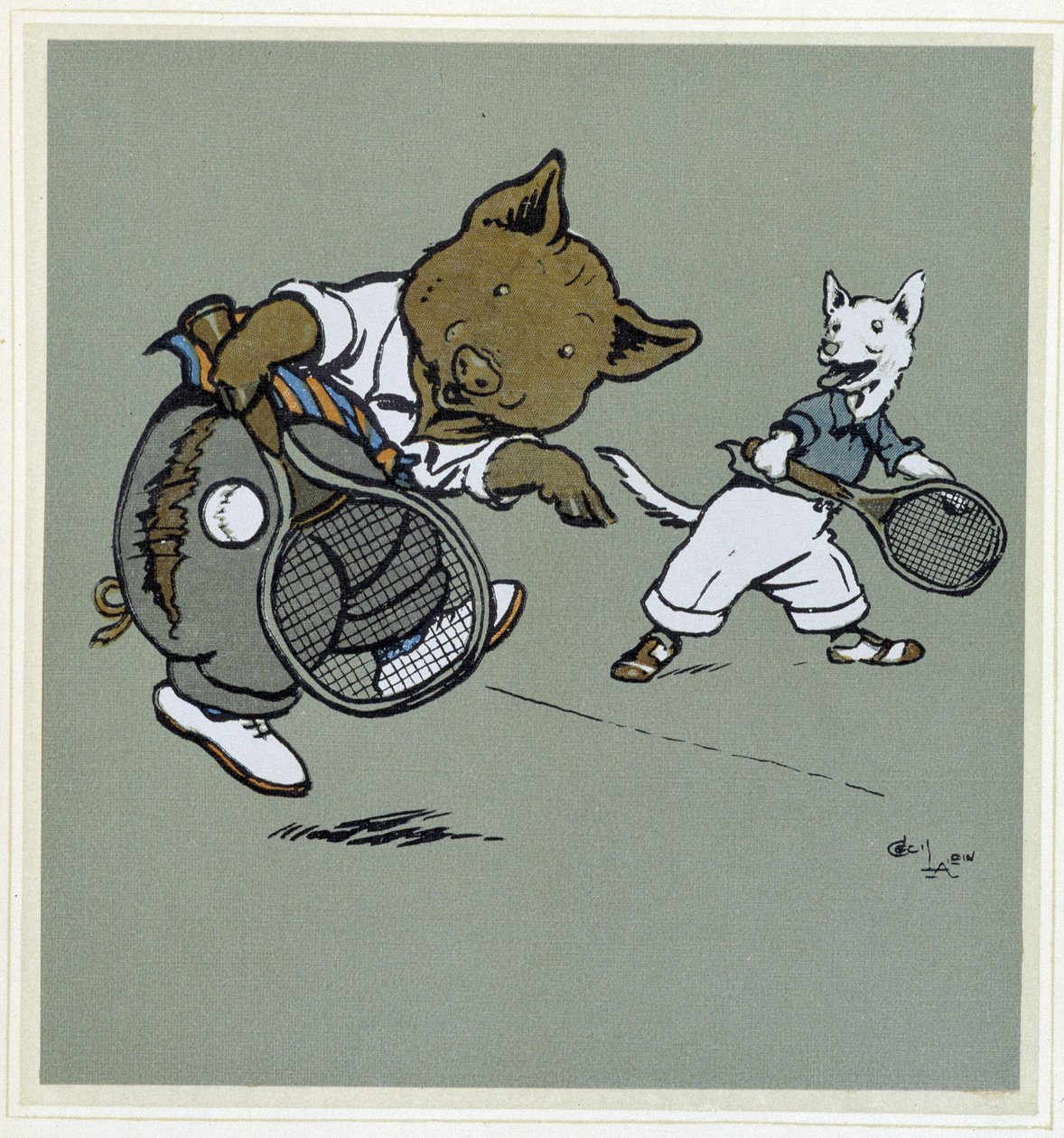 Prase a liška hrají tenis - v „“Veselé párty“, nemocný. Cécil Aldin, ed. Hodder & Stoughton, Londýn od Cecil Charles Windsor Aldin