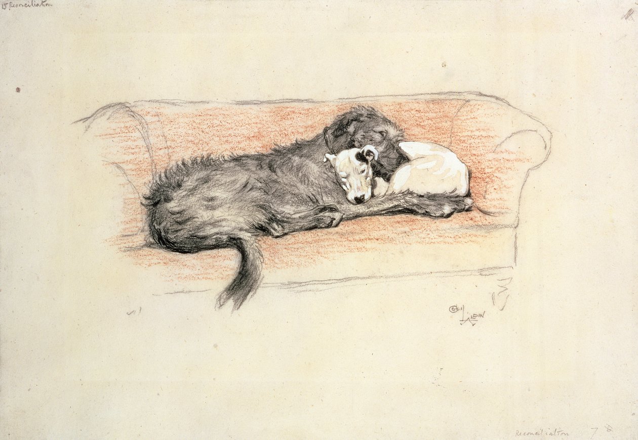 Smíření; Vlkodav a bulteriér spí v pohovce (pastel na papíře) od Cecil Charles Windsor Aldin