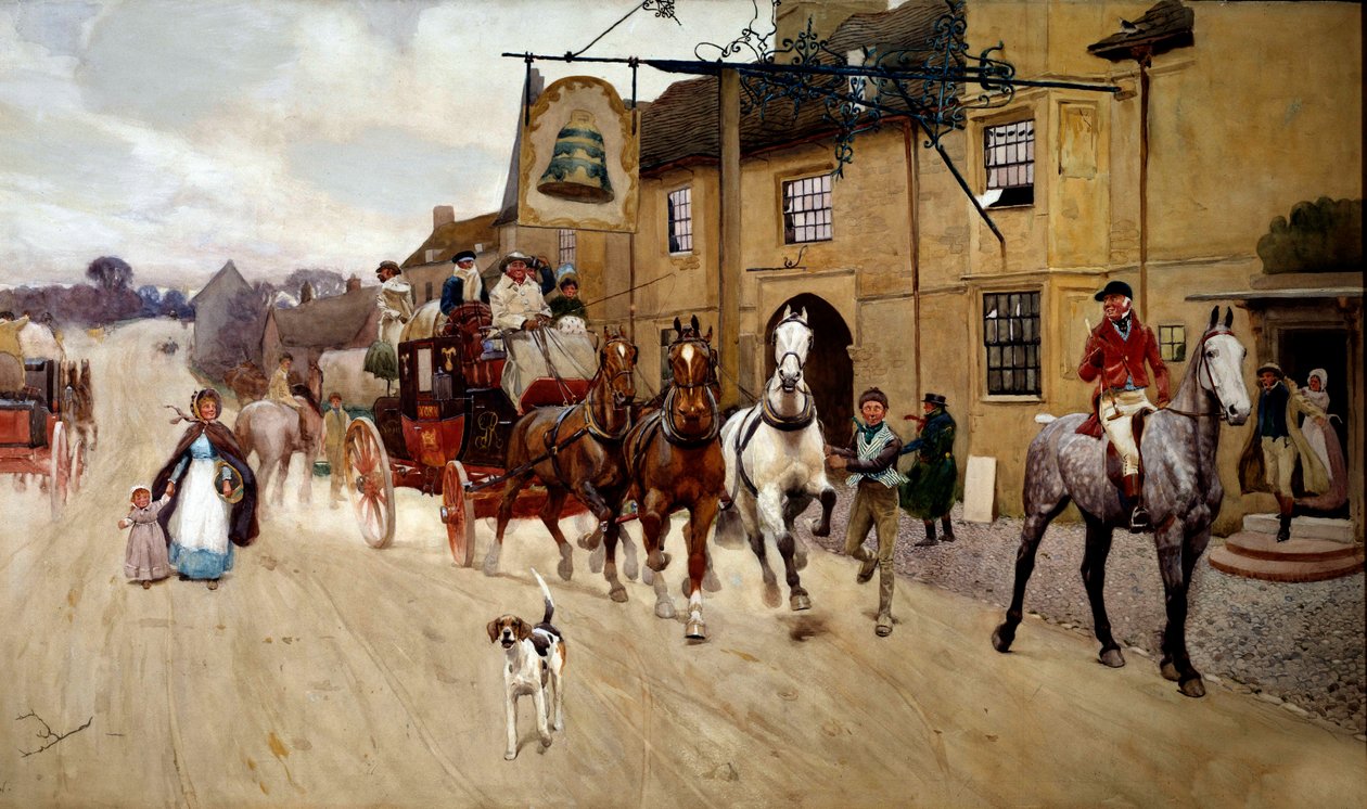 Zastavte píli před hostincem se zvonem ve Stilton Akvarel od Cecila Aldina (1870-1935) Soukromá sbírka z 19. století od Cecil Charles Windsor Aldin