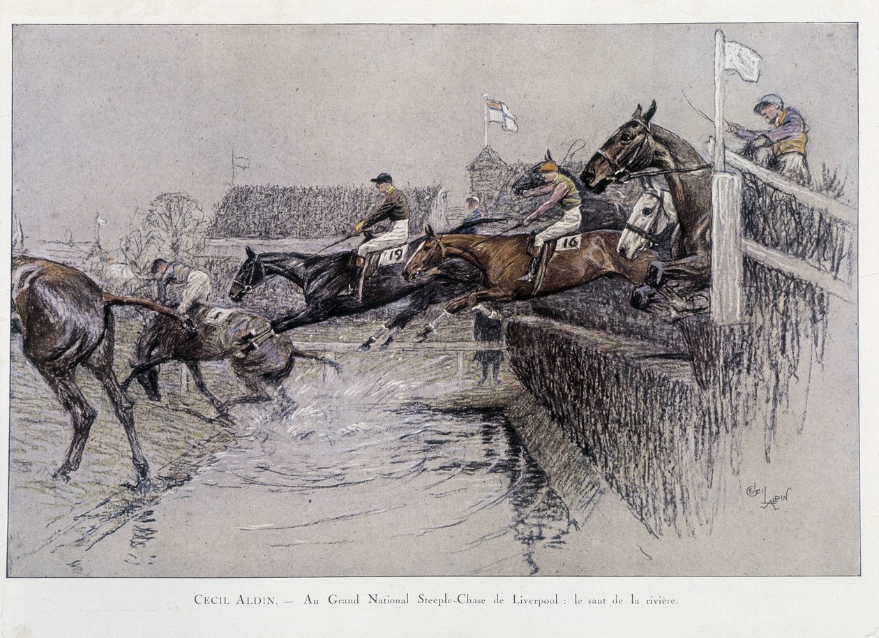 Velká národní steeplechase v Liverpoolu: Skok přes řeku - kresba Cecila Aldina od Cecil Charles Windsor Aldin