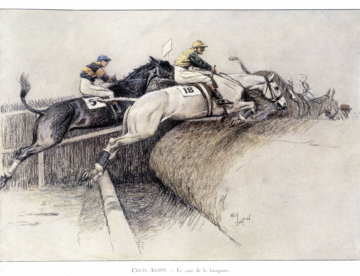 Grand National Steeplechase v Liverpoolu: skok z lavičky - kresba Cecila Aldina od Cecil Charles Windsor Aldin